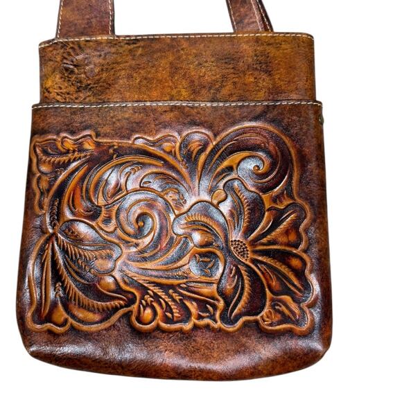 Patricia Nash Floral Tooled Embossed Leather Crossbody Bag Brown Distressed Boho - Picture 2 of 8